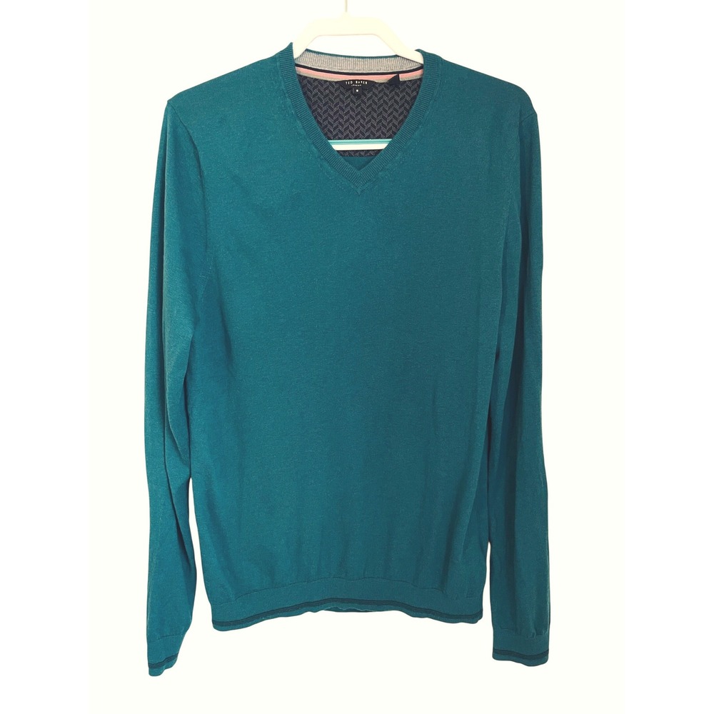 Ted Baker London Mens Size 5 (XL) V-Neck Sweater Teal Blue Wool Silk Cashmere